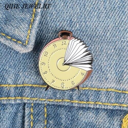 QIHE JEWELRY Book Clock Brooches Book Page Time pins Reading Lover Lapel Pins Denim Clothes Jeans Gift for Friends