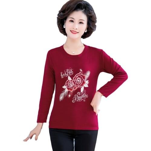 Flower Printed Women Long Sleeve T-Shirts Spring Fall Clothing Casual Plus Size Middle Aged Mother Pullover Bottom Shirt Tops