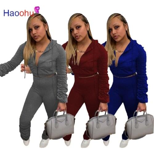 HAOOHU Stacked Tracksuit 2pcs Women Set Hooded Jacket Crop Top Sweatshirt+Jogger Pants Two Pieces Sets Women Clothing Female