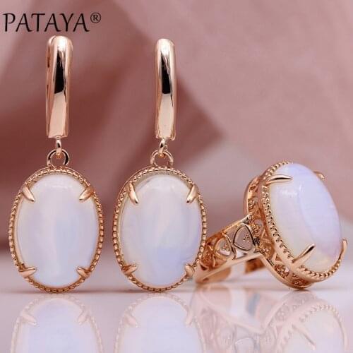 PATAYA New Moonstone Natural Stone Sets Women Wedding Hollow Fine Fashion Jewelry Set 585 Rose Gold Love Long Earrings Rings