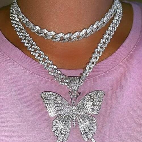 Iced Out Crystal Big Butterfly Pendant Cuban Necklace Jewelry Wholesale Punk Hiphop Chunky Curb Cuban Link Chain For Women Gifts