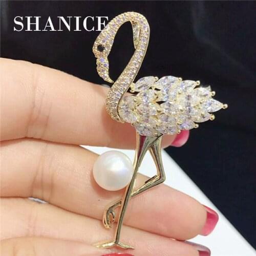 SHANICE Cute Micro Pave CZ Dancing Red Flamingo Brooches Silver Tone Pear Shaped Clear CZ Deco Flamingo Pins Broaches Bird Jewel