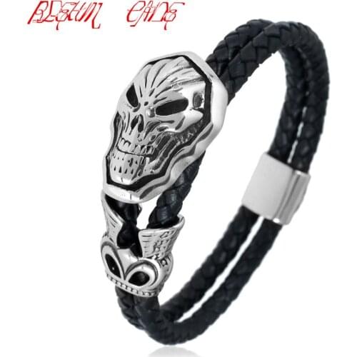 316L Stainless Steel Animal Tiger Head Cool Tiger King Genuine Leather Bracelet Bangle Jewelry Men