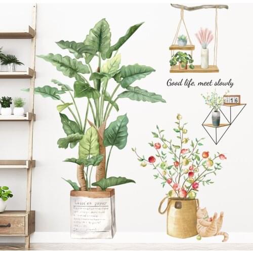 Nordic Style Green Leaves Wallpaper Palm Potted Cute Cat Large Size Wall Stickers Removable Living Room Bed Room Wall Decoration