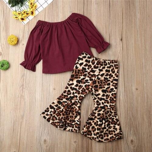 Toddler Baby Girl Autumn Clothes solid round neck pullover Long Sleeve T-shirts Leopard print Flared Pants 2pc kid cotton outfit