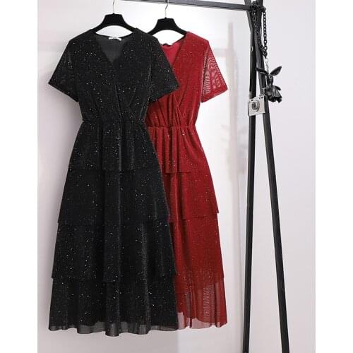 Summer Short-sleeved Dress Women Black Plus Size Waist Slimming V-neck Womens Stitching Red Casual Cake Vestidos Mujer A921