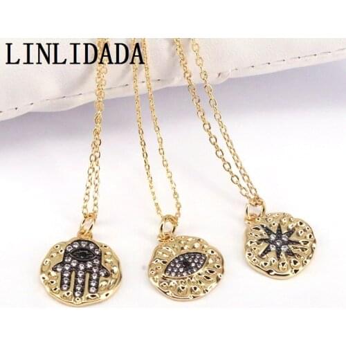 10Pcs Gold Color Tone Round Pendants Cubic Zirconia Hamsa Hand/Star/Eye Jewelry Necklace Charms