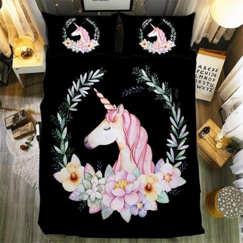 Unicorn Bedding Set Black Single Double Duvet Cover Set Cute Queen King Twin Full Size Bed Linen With Pillowcases For Girls Home