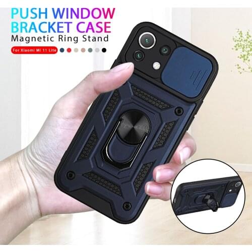 Shockproof Armor Coque For Xiaomi Mi11 Mi 11 Lite 11Lite Light 11i 5G Car Magnetic Ring Stand Push Pull Camera Protectin Case