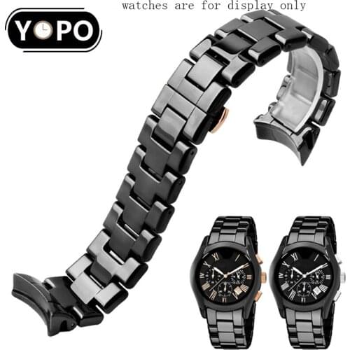 22mm Pearl Ceramic Watchband Black Luxury Braclet Butterfly Buckle Replacement Belt For AR1400/1410 Watch Chain