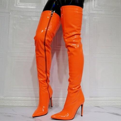 Stiletto Ladys Patent Leather Thigh High Boots Fashion Side Zipper Pointy Toe Over Knee High Boots Thin Heel Orange Size 47