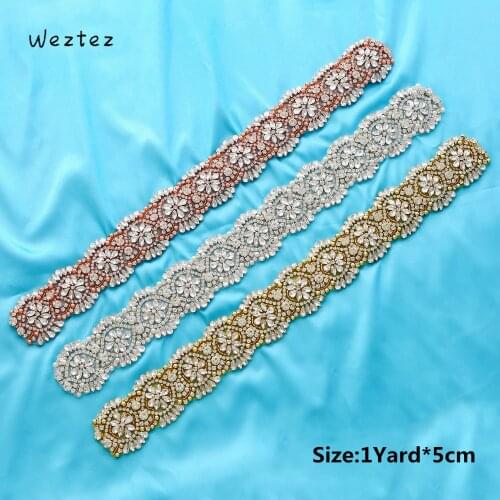 Bridal Beaded Handmade Wedding Dresses Wide Applique Crystal Gold Silver Rhinestone Pearl Accessories Garment S144