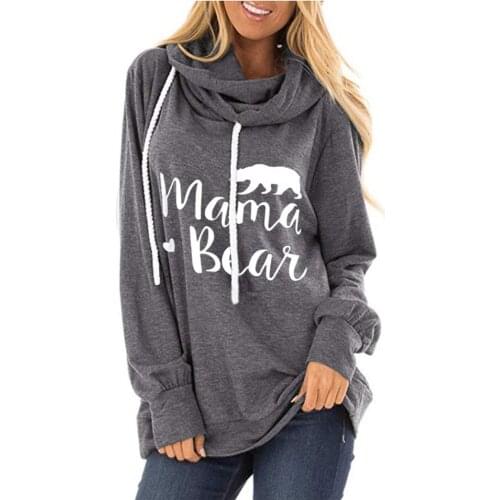 Womens Hoodie with Drawstrings Sweater Mama Bear Printed Letter Loose O Neck Long-Sleeved T-shirt Woman Tshirts Tops Harajuku