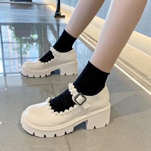 Platform Pearl Beading Single Shoes Woman 2021 New Simple Mary Jane Shoes Women Shoes Round Head Sponge Cake Simple Shoes