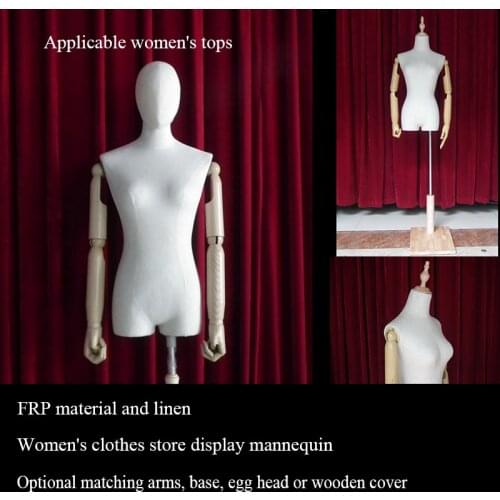 With wood arm Fabric Body dress show linen mannequin FRP material women clothes Half-body window display dummy with wooden base