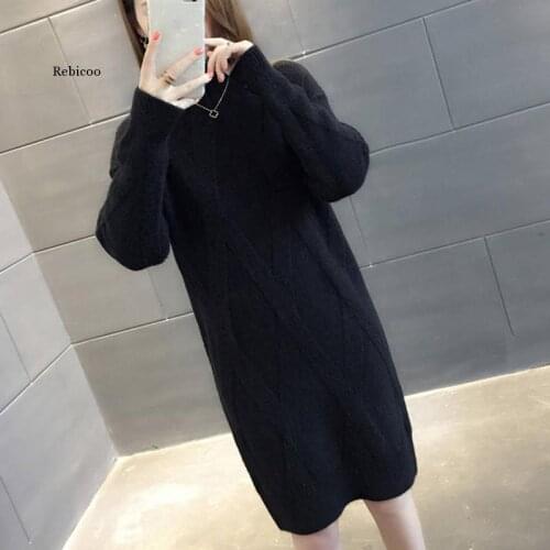 Womens Sweater Fashion Winter New High Collar Sweater Female Loose Thick Long Paragraph Bottoming Knit Sweater Dress
