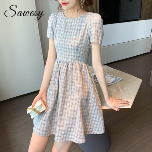Korean Elegant Cute Casual Short Dresses Women Summer Short Sleeve Plaid Swing Dress Blue