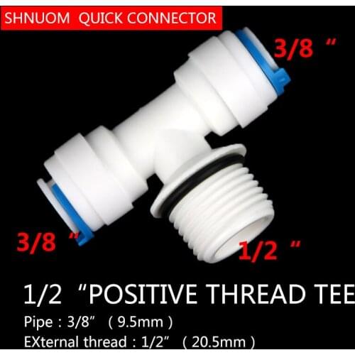1/2" Male Thread Quick Connect 3/8" Tube Hose Equal Type T Water With Sealing Ring Diameter change Reverse Osmosis Aquarium Tee