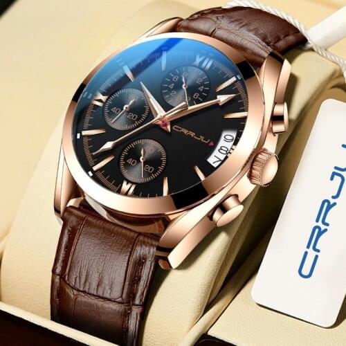 2021 New Men Watch CRRJU Waterproof Quartz Men Watches Chronograph Sport Wristwatch Leather Business Male Clock Watch With Box