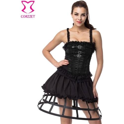 Punk Rave Black 4 Hoops PU Leather Gothic Underskirt Petticoats with 2 Ring Flat Bones Women Skirts For Lolita Costume Clothing