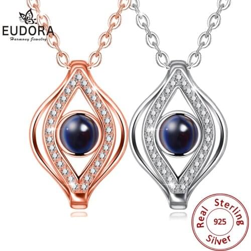 EUDORA 925 Sterling Silver Evil eye I Love You 100 languages Projection Pendant Necklace Romantic Valentines day gift Necklace