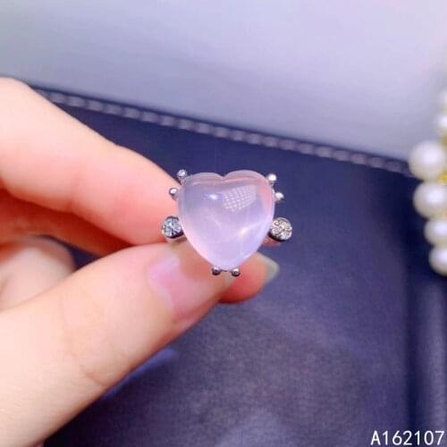 Fine Jewelry 925 Sterling Silver Inset With Natural Gem Womens Luxury Trendy Heart Rose Quartz Adjustable Ring Support Detectio