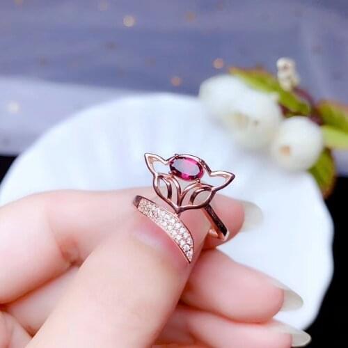 Classic fox red garnet gemstone silver ring halloween ornament fine jewel birthday anniversary gift animal ring natural gem