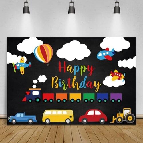 Laeacco Happy Baby 1st Birthday Shower Cartoon Car Train Photo Backdrops Photography Backgrounds for Photo Studio Photophone