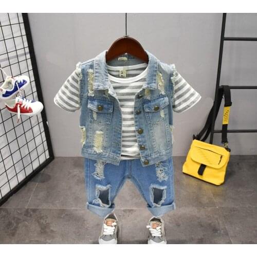 New Baby Boys Summer Sports Suit 3pieces Set Tracksuits Kids Clothing Sets 90-130cm Casual Clothes Denim Vest + T-Shirt + Shorts