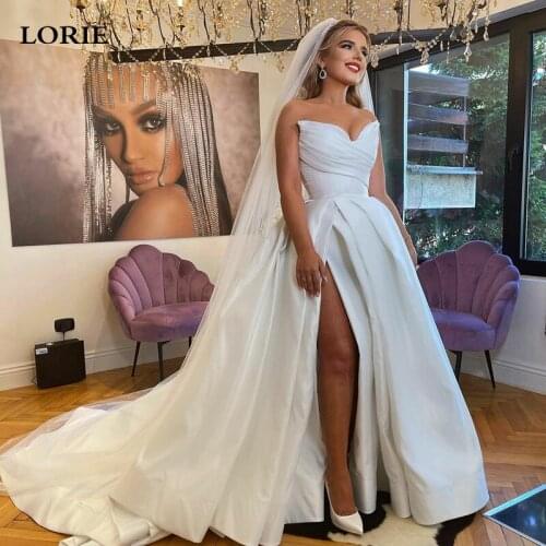 LORIE Satin Wedding Dress Peats Strapless A-Line Bridal Gowns 2022 Sexy Side Split Long Train Princess Wedding Ball Gown