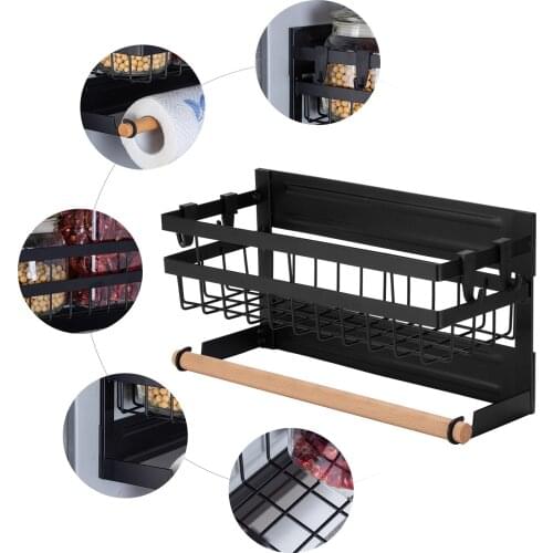 Magnetic Spice Rack for Refrigerator Kitchen Storage Rack with Hook Paper Towel Holder Refrigerator Side Hanging Organizer Shelf