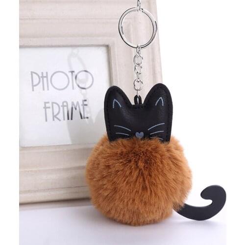 Cute Cat Fluffy Key Chain Leather Pompom Keychain Faux Rabbit Fur Ball KeyChains Women Leather Pompon Key Ring Holder Bag Charms
