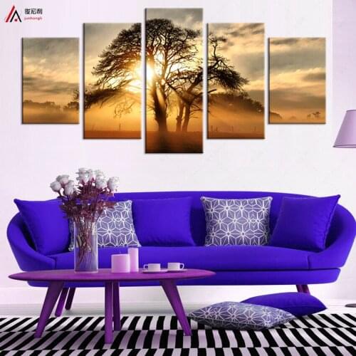 Home Decoration Modular picture 5 piece canvas art Movie poster Sunset tree Child room HD print oil painting kitchen pictures