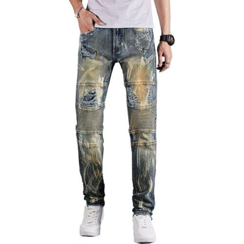Mcikkny Mens Ripped Vintage Jeans Trousers Stretch Patchwork Denim Pants For Male Washed Size 28-38
