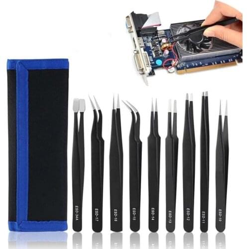 9pcs ESD Tweezer Set Anti-static Stainless steel Tweezers Non Magnetic Tips for Electronics Repair Soldering Crafting Jewelry