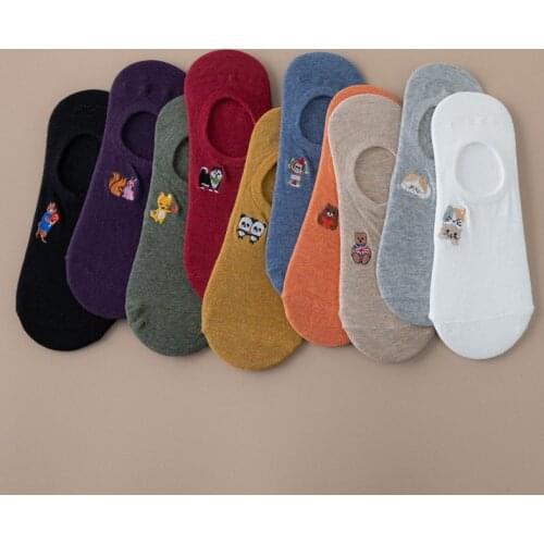 Summer woman embroidered boat socks cute cat fox dog bear squirrel panda cartoon animal socks slippers non-slip invisible socks
