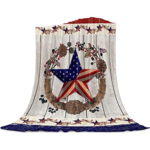 American Flag Pentagram Berries Retro Coral Fleece Blanket Soft Warm Outdoor Travel Throw Blankets Adult Kids Winter TV Blankets