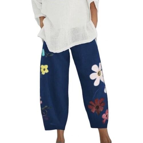 Women Loose Dress Flower Print Wide Leg Pocket Ninth-Length Harem Pants Sweatpants Streetwear Summer Casual Female Ninth Pants