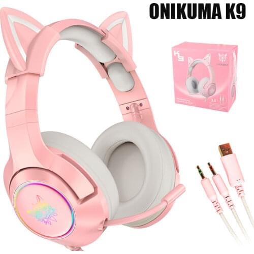 Pink Cat Ear Headset Wired Stereo Gaming Headphones with RGB LED Light & Noise Canceling Retractable Mic for Laptop/PS4/Xbox One