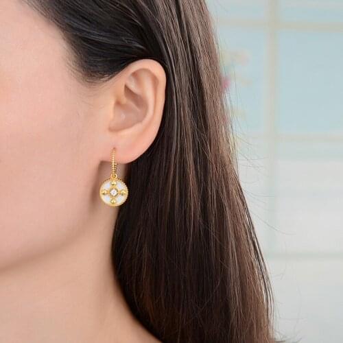 S925 silver natural white shellstone earrings simple temperament inlaid zircon geometric round earrings for women