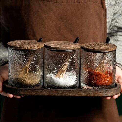 Nordic Style Glass Spice Jars Set Salt Sugar Bowl Transparent Embossed Seasoning Box Condiment Bottle Home Kitchen Cooking Tools