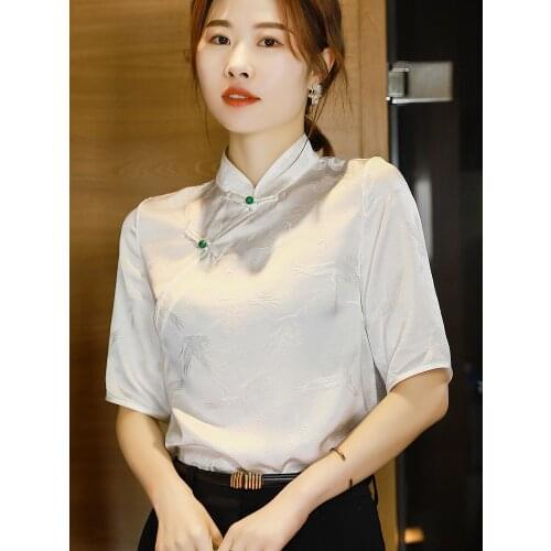 Heavy jacquard silk shirt retro button satin short-sleeved white design niche top female shirt Blouse Tops