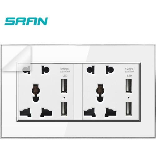 SRAN Universal 5Pin wall socket ,with USB,13A 250V Gold crystal acrylic panel mirror plated silver edge146mm*86mm power socket