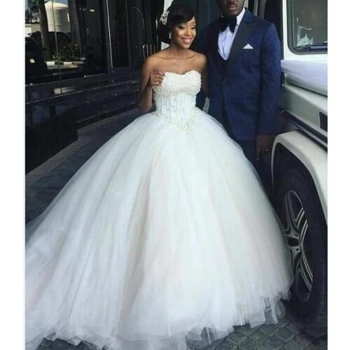 African Ivory Wedding Dresses Princess Ball Gown Sweetheart Neck Plus Size Lace Up Back Sweep Train Tulle Formal Wedding robes