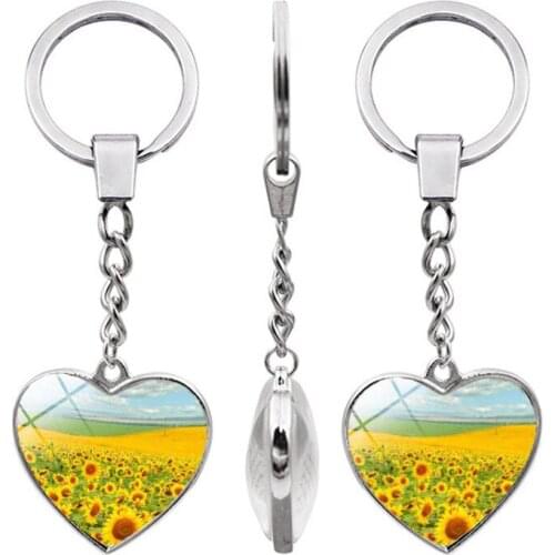WG 1pc Sunflower Double Sided Heart Shaped Cabochon Keychain Pendant Metal Keychain For Lovers Keychain Accessories Jewelry