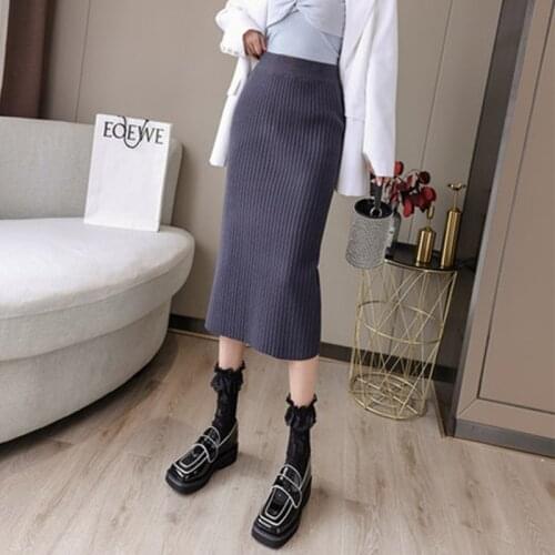 Fashion Women Knitted Skirt 2020 New Autumn Long Pleated Skirts Woman Midi High Waist Straight Winter Black Skirts for Women