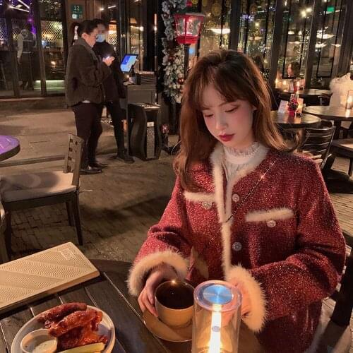 French Retro Red Small Fragrance Jacket Women Autumn Winter Round Neck Raw Edges All-match 2021 New Warm Top Loose Thick Coat