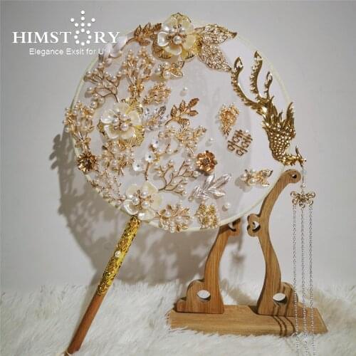 HIMSTORY Chinese National Style Female Round Fans Classical Dance Fan Handheld Circular Vintage Bridal Fan with Tassel Pendant