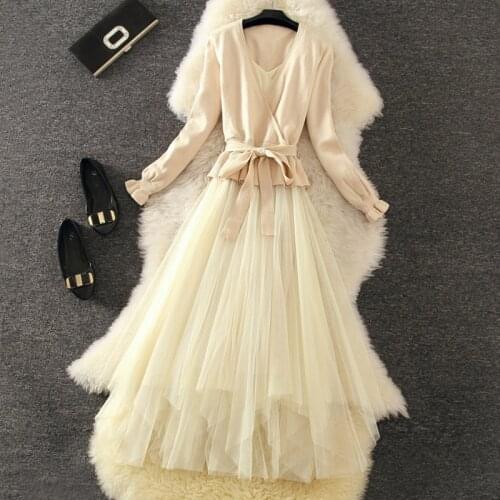 Amolapha Women Knitted V Neck Jumper Tops Sweaters + Velvet Mesh Patchwork Dresses 2PCS Clothing Sets Suits