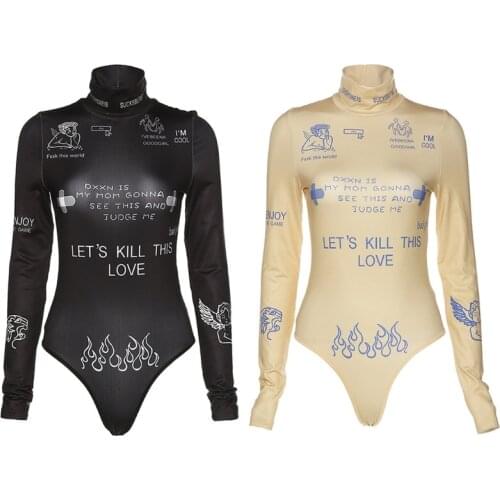 Women Long Sleeve Turtleneck Bodysuit Harajuku Graffiti Letters Graphic Printed Leotard Basic Sexy Bodycon Streetwear
